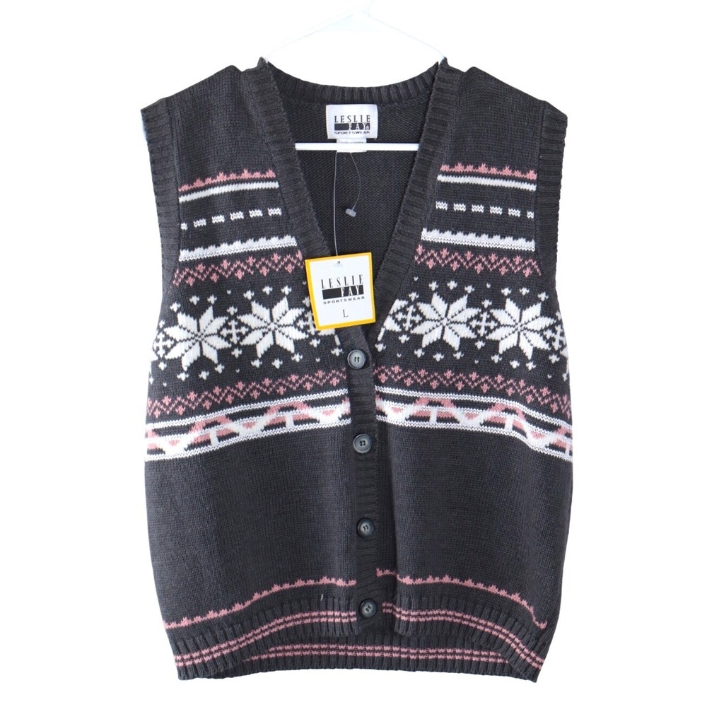 Leslie Fay Sportswear Gray Fair Isle Snowflake Button Women Sweater Vest Large